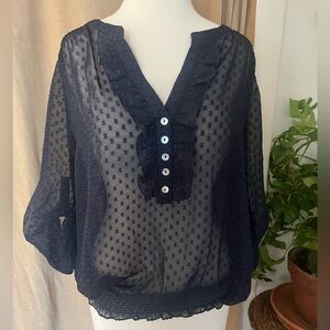 Sheer navy blue peasant style blouse